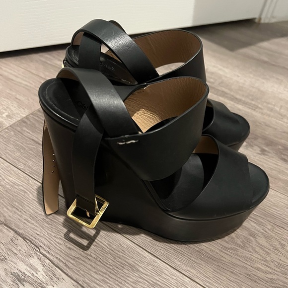 Chloe Black Wedge Sandals with Gold Buckle - Picture 3 of 5